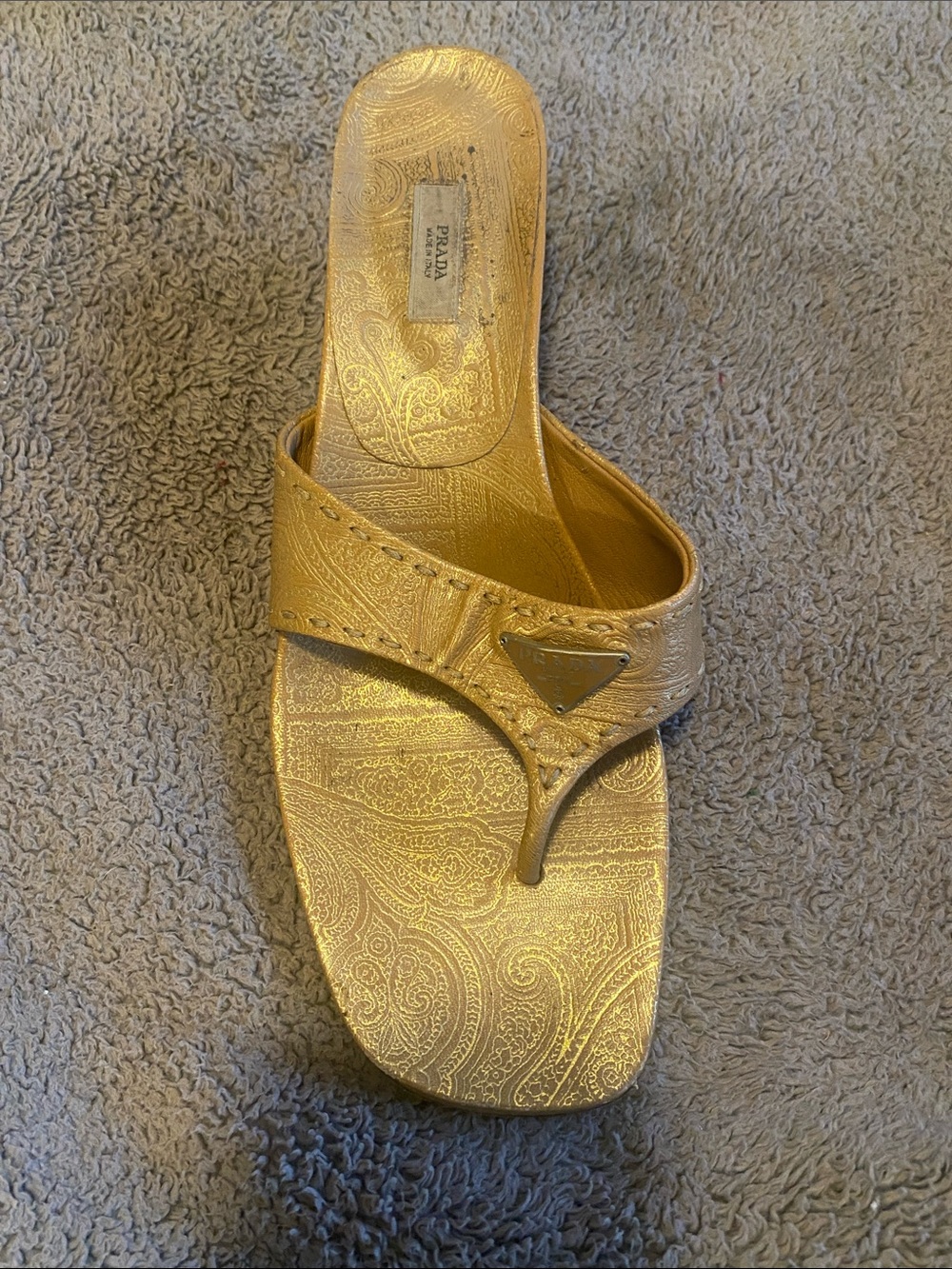 Prada Metallic Gold Paisley Thong Sandal